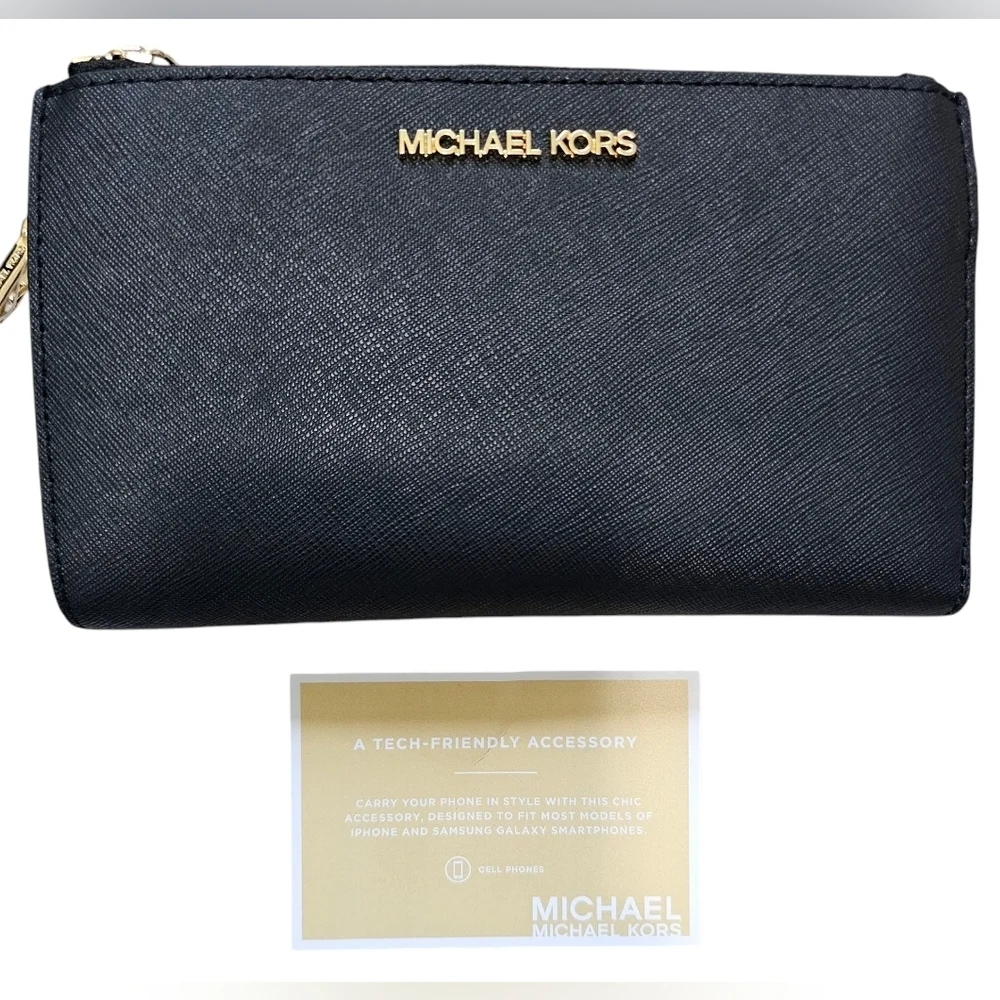 Michael Kors Black Jet Set Travel, LG Double Zip Wristlet Leather, New With Tags